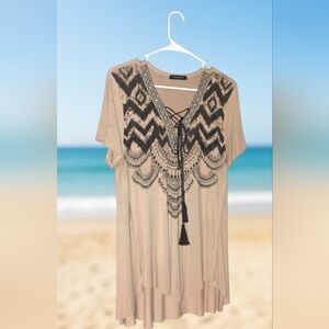 Boho Chic Beige Top with Black Accents
